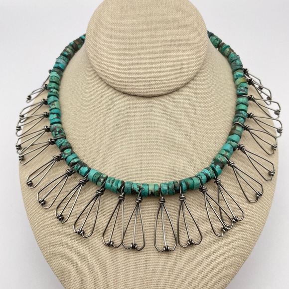 Artisan Jewelry - Sterling Silver Bohemian Turquoise Heishi Style Fringe Collar Necklace